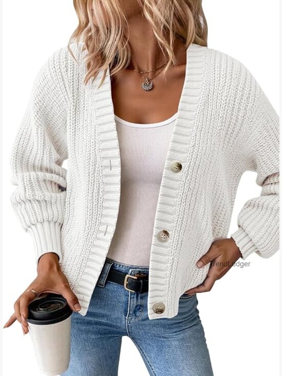 Sweaters - Chunky Knit Cardigan - Waffle Button Down Oversized V Neck Fall Sweater